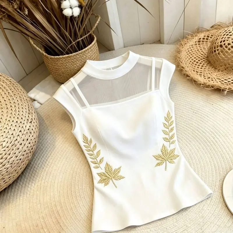 Elegant National Style Sleeveless Vest Top Women's Maple Leaf Stand Collar Lace Paneling Waist Cinching Lady's Small Shirt