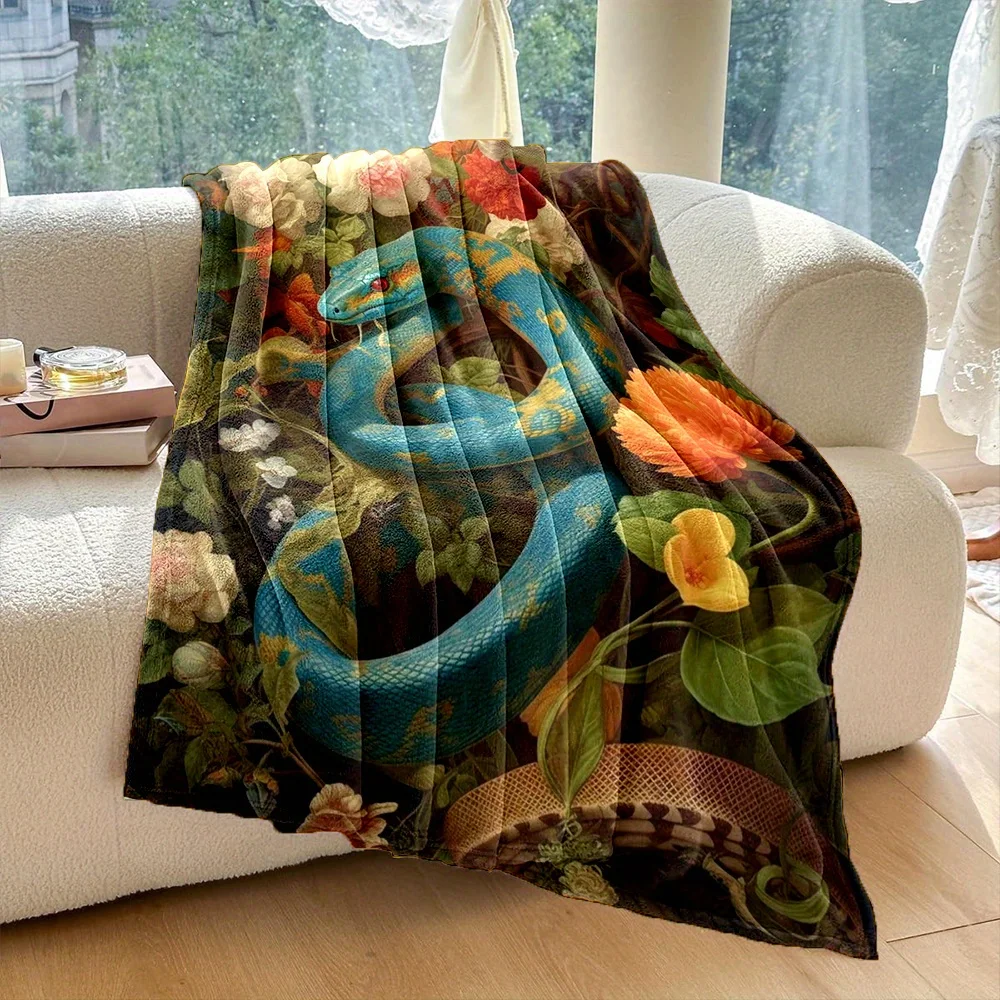 1pc Extra Large Blue Snake & Floral print Flannel Blanket - Reversible All-Season Throw with Dark Background - Soft Warm Couch