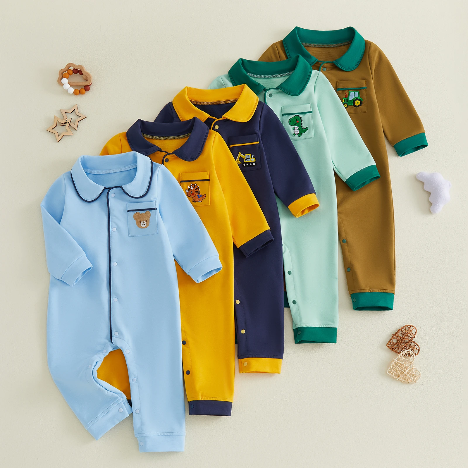 Fashion Toddler Baby Long Sleeve Romper Embroidered Collared Button-up Jumpsuit Casual Infant Fall Clothes