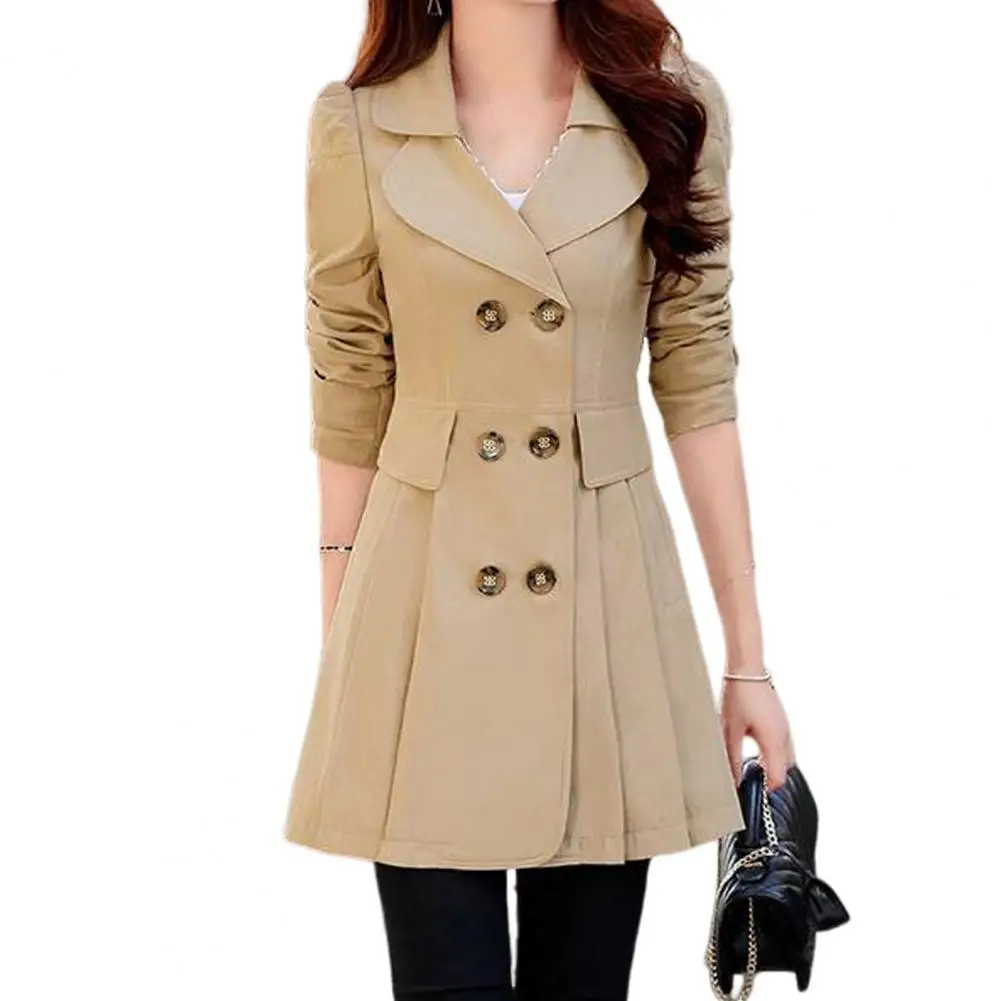 

Fall Women Jacket Lapel Mid Length Solid Color Pleated Long Sleeve A-line Tight Waist OL Commute Style Lady Jacket Trench Coat