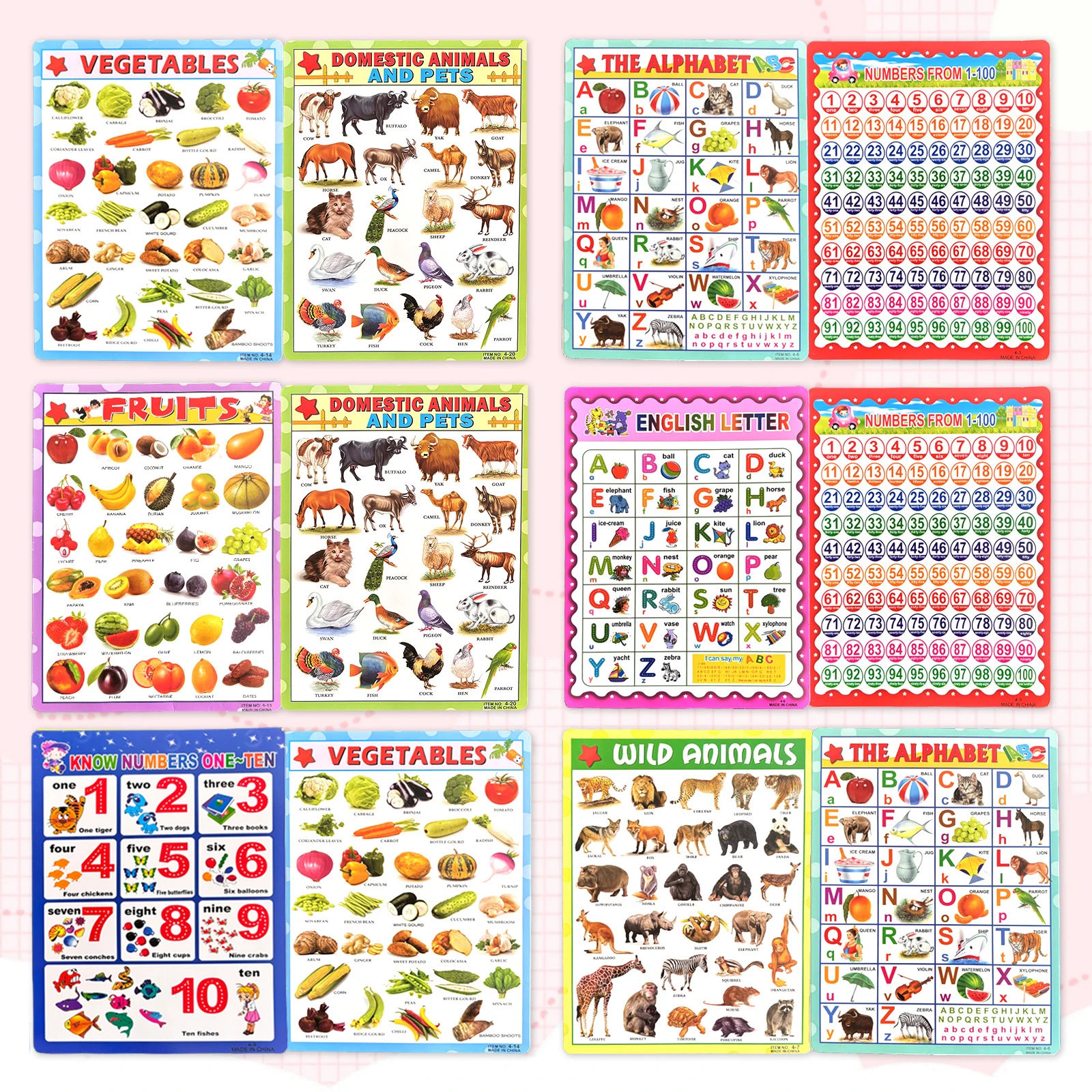 

English Words/numbers/animals/vegetables/fruits Posters And Charts Baby Recognition And Learning Educational Reading BooksGift