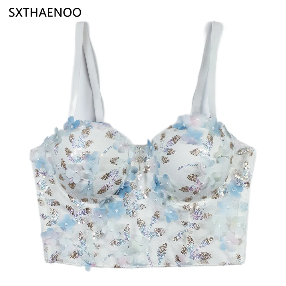 SXTHAENOO 2024 Women 3D Flower White Printing Corset Top Crop Bustier Bra Push Up Bodice Sexy Lingerie Sling Party Short Clothes