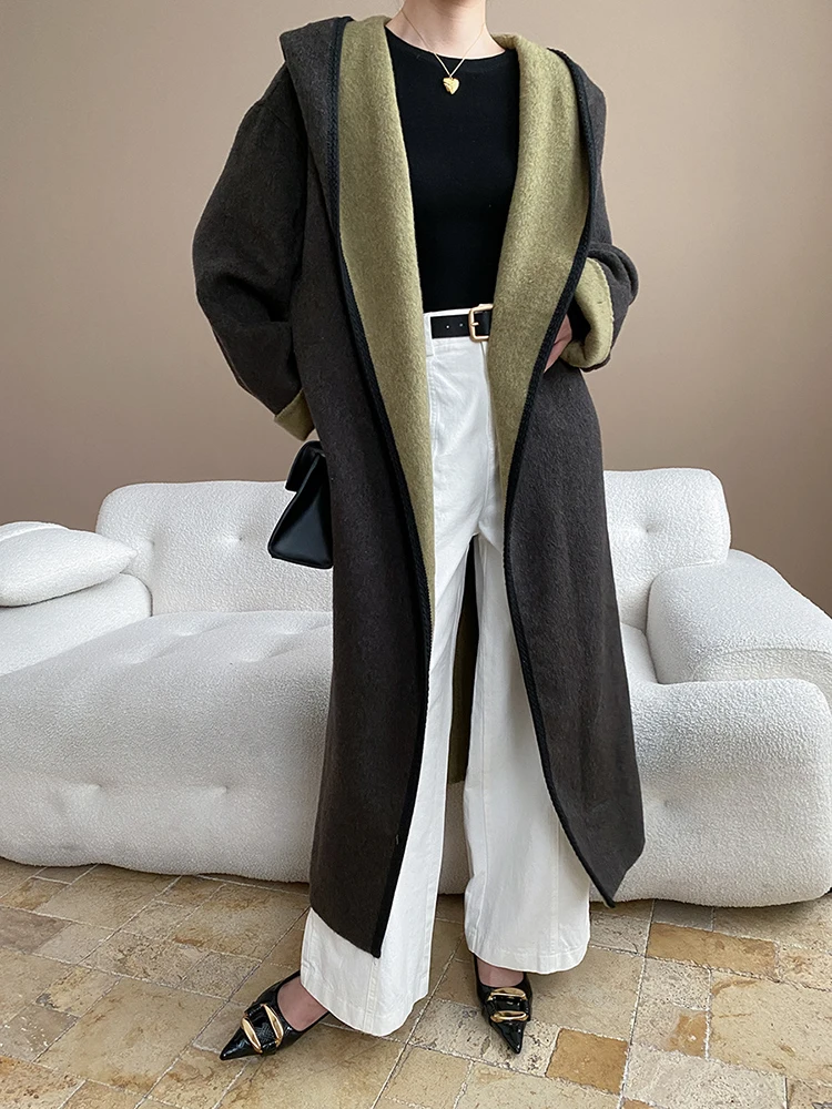 YERMORA Nero Patchwork Cintura Casual Cappotto di Lana Per Le Donne Con Cappuccio Manica Lunga Allentato Nuovo Cappotto Moda Marea Estate Inverno 2025