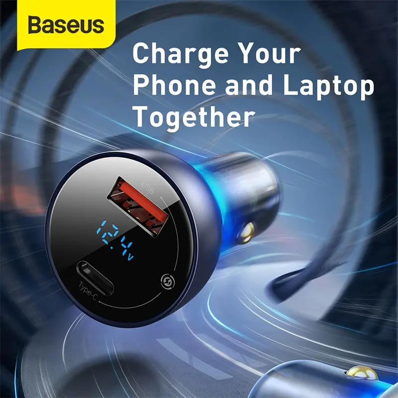 Baseus 65W PPS Car Charger USB Type C Dual Port PD QC Fast Charging For Laptop Translucent Car Phone Charger For iPhone