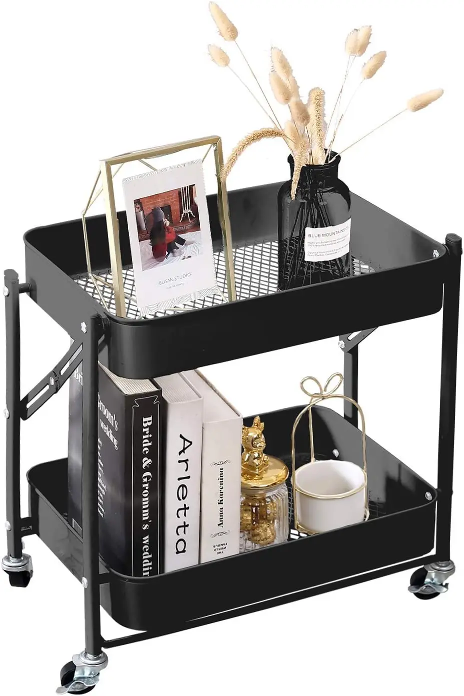 

2-уровневая металлическая складная тележка на колесиках, мобильный органайзер для хранения домашнего офиса и кухни