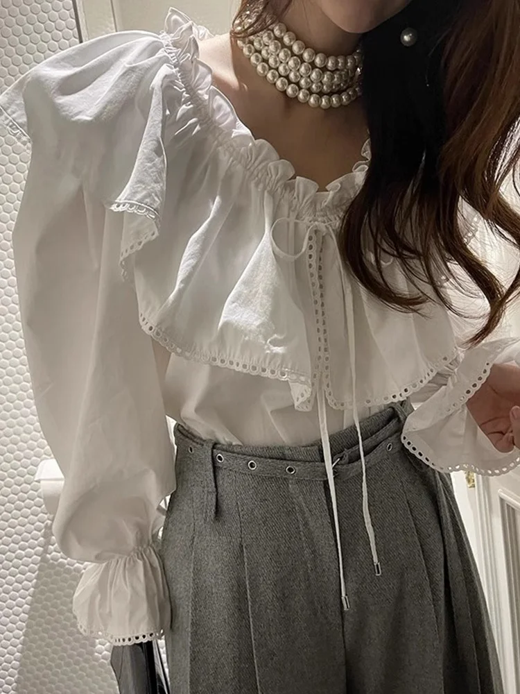 

Chic Spring Gentle Wind Wooden Ear V-ne Loose Casual Long Sve irt Women's Faion Commute Sle Loose Fit Pure Color