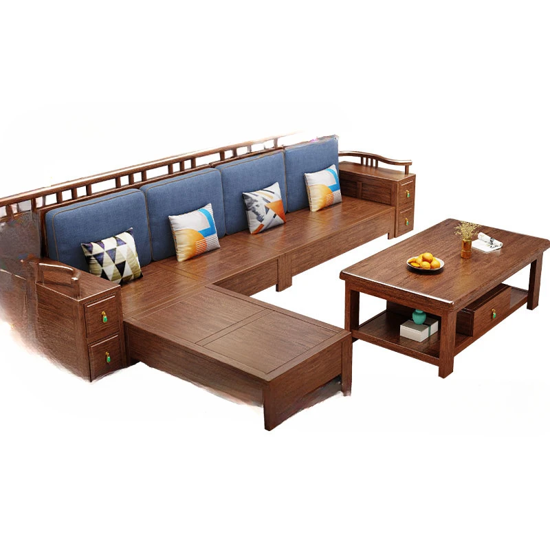 2Golden sandalwood  solid wood sofa living room combination small apartment light luxury high box storage Chinese style