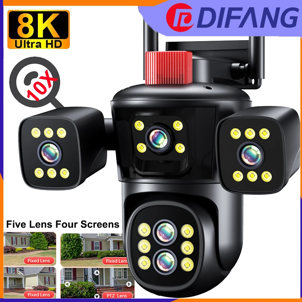 DIFANG 10X Zoom WIFI Security Camera Outdoor, Color Night Vision, Two-Way audio, motion sensor wireless 4 Screen CCTV IP Camera