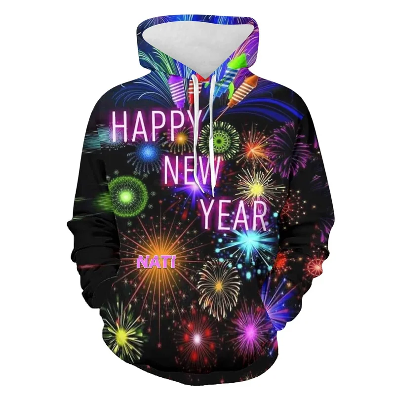 Happy New Year Hoodie For Men 3D Printed Firework Hooded Sweatshirt Women Drawstring Long Sleeve Loose Pullover Hoodies Tops