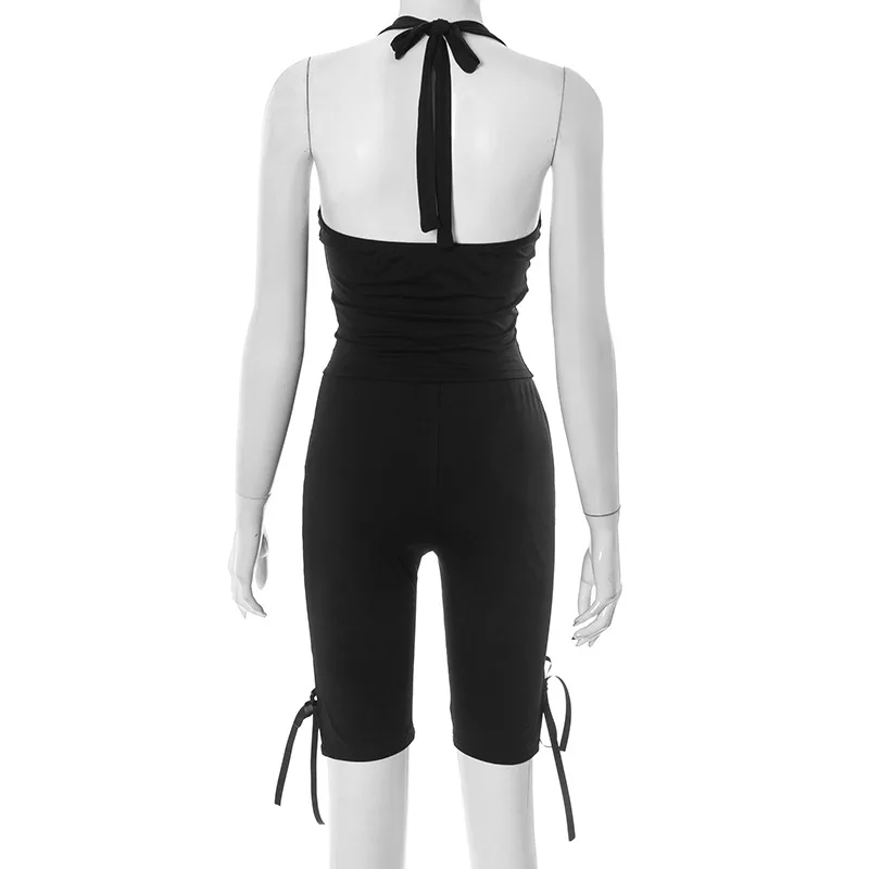 Frauen Solide 2-teiliges Set Sommer Trainingsanzüge Sexy Lace Up Halter Backless Tank Crop Tops + Dünne Knielange Hosen Fitness anzüge