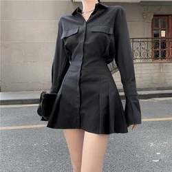 Chic Black Shirt Dress Women Vintage Elegant Pleated Long Sleeve Dresses Autumn Streetwear Sexy Turn Down Collar Casual Vestidos