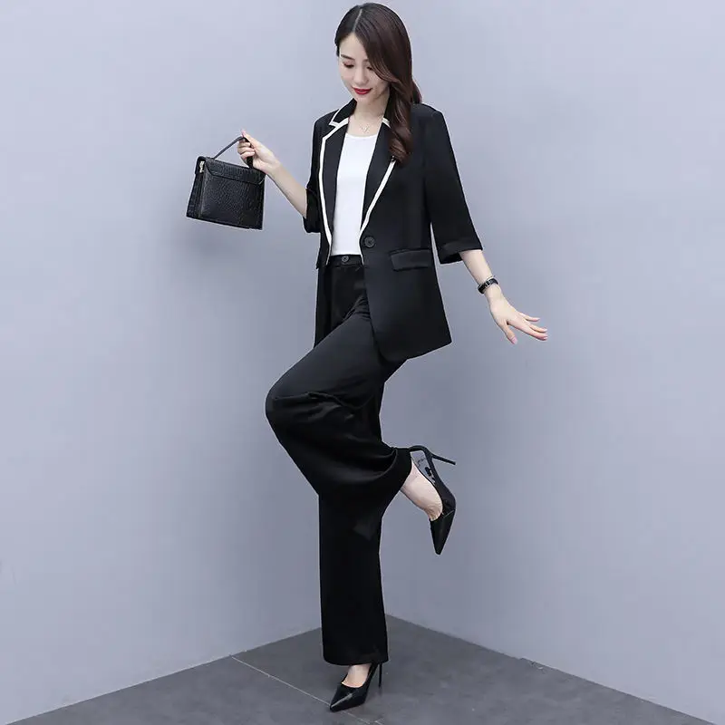 Women Spring Summer Thin Blazers Pants Two Piece Set Office Lady Graceful Patchwork Suit Coats Trousers Outfits Workwear Female