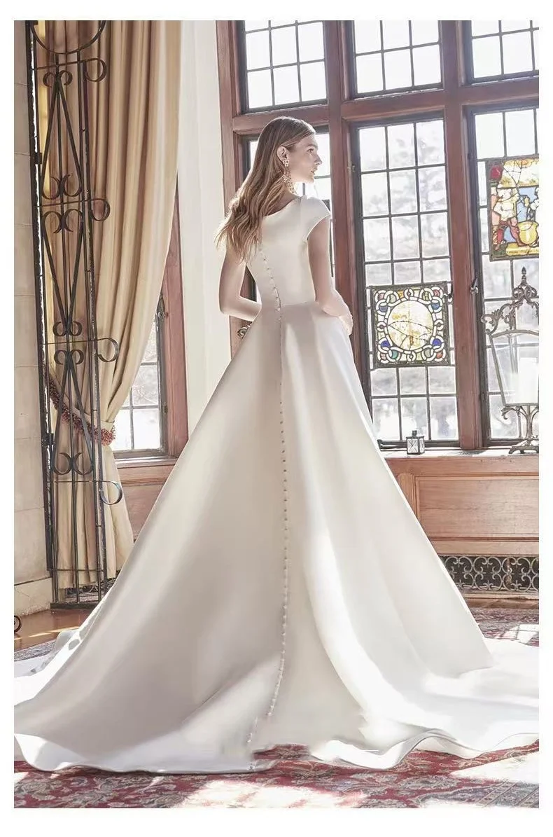 فساتين زفاف مخصصة برقبة مربعة 2025 للنساء رداء de mariée ساتان زي العرائس بأكمام قصيرة Vestido De Noiva #3