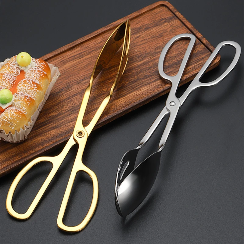 304 Stainless Steel Food Tongs Meat Salad Bread Serving Clip Golden Anti-Scald Handle Scissors Clamp Kitchen Accessories