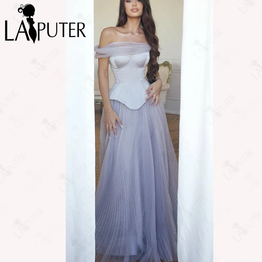 فساتين لحضور الحفلات الموسيقية باللون الرمادي المجعد مشد من الساتان المنحني ثوب مسائي بدون أكتاف مجعد تنورة على شكل حرف A فستان رسمي 2025 #3