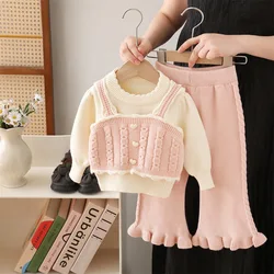 Kids Girls Warm Knitting Sets Fake Two-pieces Pullover O-neck Cute Sweater+High Waist Ruched Flare Pants 2pcs Child Clothing Set