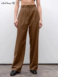 Mnealways18 Vintage Brown High Waist Pants Women Pleated Office All-Match Straight Trousers Spring Summer 2024 Casual Long Pants