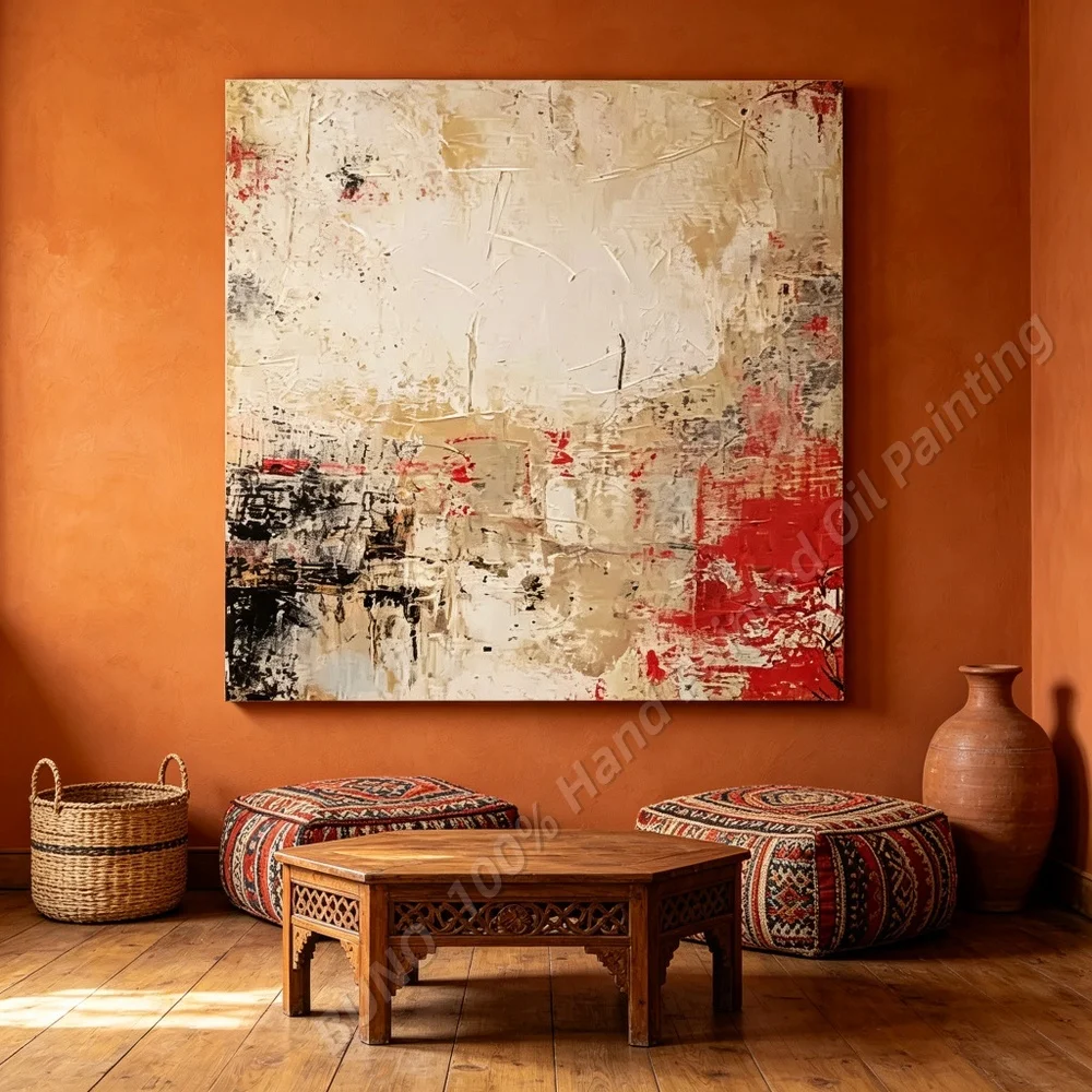 Hand Painted Abstract Oil Painting - Minimalist Textured Canvas Wall Art Neutral Beige Large Size for Living Room Bedroom Decor