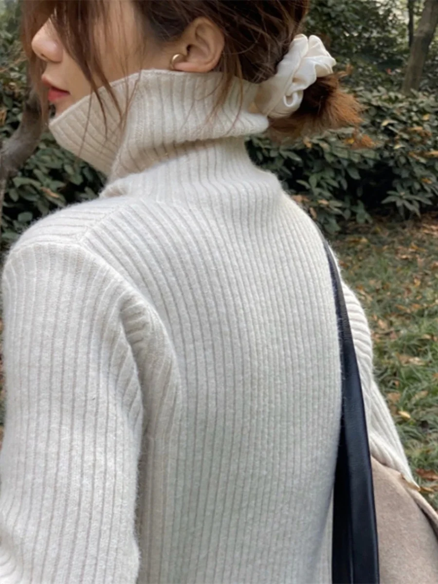 

Однотонный вязаный свитер с высоким и двойным воротником, большой свитер Milk Suriname Camere Faion Color Series Commute Sle Lo...