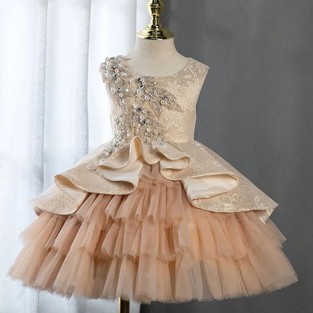 

Jill Wish Luxury Champagne Flower Girl Dress Ruffles Pearls Beading Prom Formal Gown for Baby Birthday Wedding Party J403