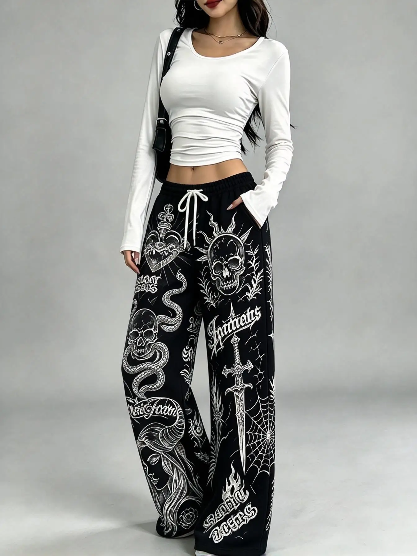 Halloween Gothic Tattoo Sketch Womens Wide Leg Sweatpants Skull Angel Figure Print Drawstring Loose Streetwear Pants