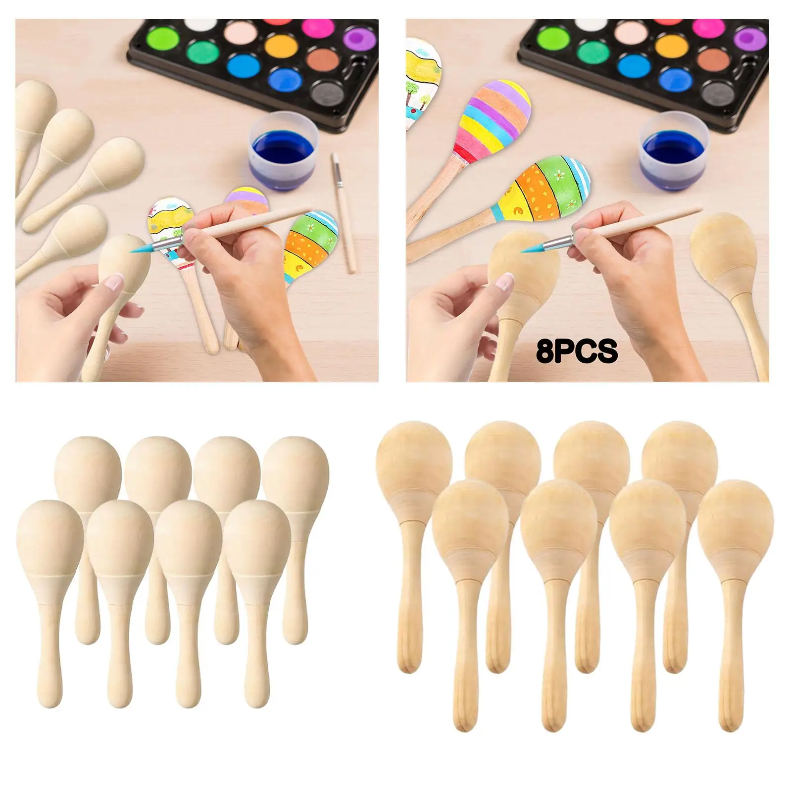 8Pcs Wood Maracas with Crisp Blow Sound DIY Mini Hand Percussion Rattles for Educate Gifts Christmas Gifts