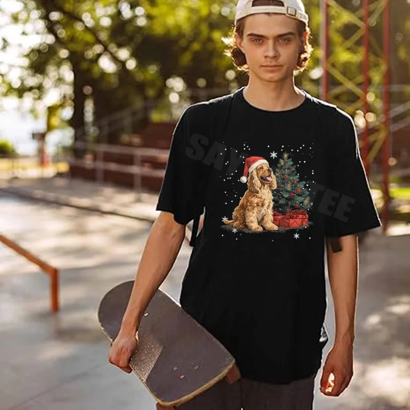 مضحك كوكر الذليل الكلب شجرة عيد الميلاد النساء الرجال تي شيرت عيد الميلاد جرو عاشق Y2k عطلة الملابس الجدة هدية كلب الجرافيك تيز #2