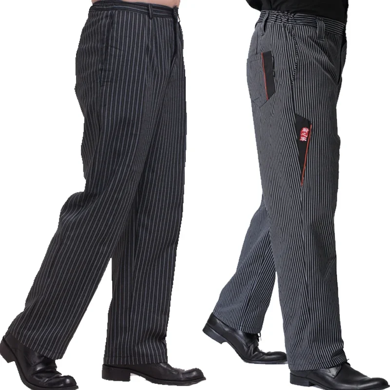 Pantalones de Chef para hombre, uniforme de restaurante, ropa de trabajo elástica a rayas grises, pantalones de cebra, disfraz de cocinero