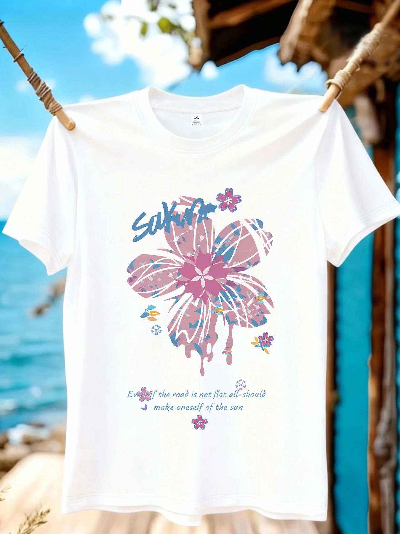 

【WZM109109】Creative flower print plus size women's round neck summer casual short sleeved street fashion versatile T-shirt