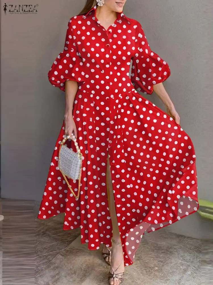 2025 ZANZEA 우아한 랜턴 소매 파티 드레스 스타일리시 여성 맥시 드레스 물방울 무늬 프린트 반소매 선드레스 A라인 베스티도