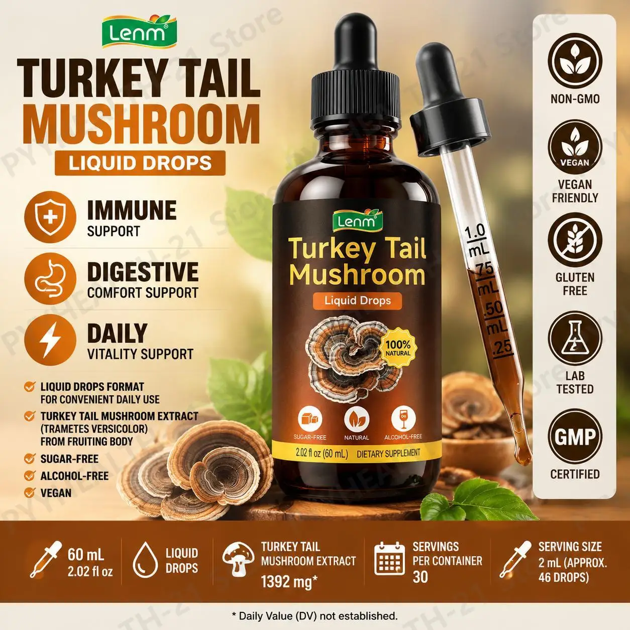 Lemm Turkey Tail Mushroom Liquid Drops 1392mg Supports Immune Digestive Comfort Daily Vitality 100% Natural Vegan 30 Servings
