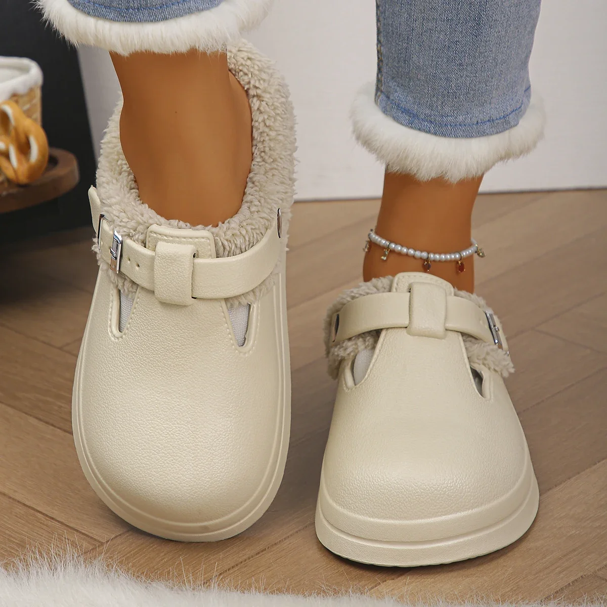 Warm Plush Birken Slippers for Women 2026 Winter Soft Sole Cotton Padded Furry Mules Shoes Woman Waterproof Non Slip EVA Slides
