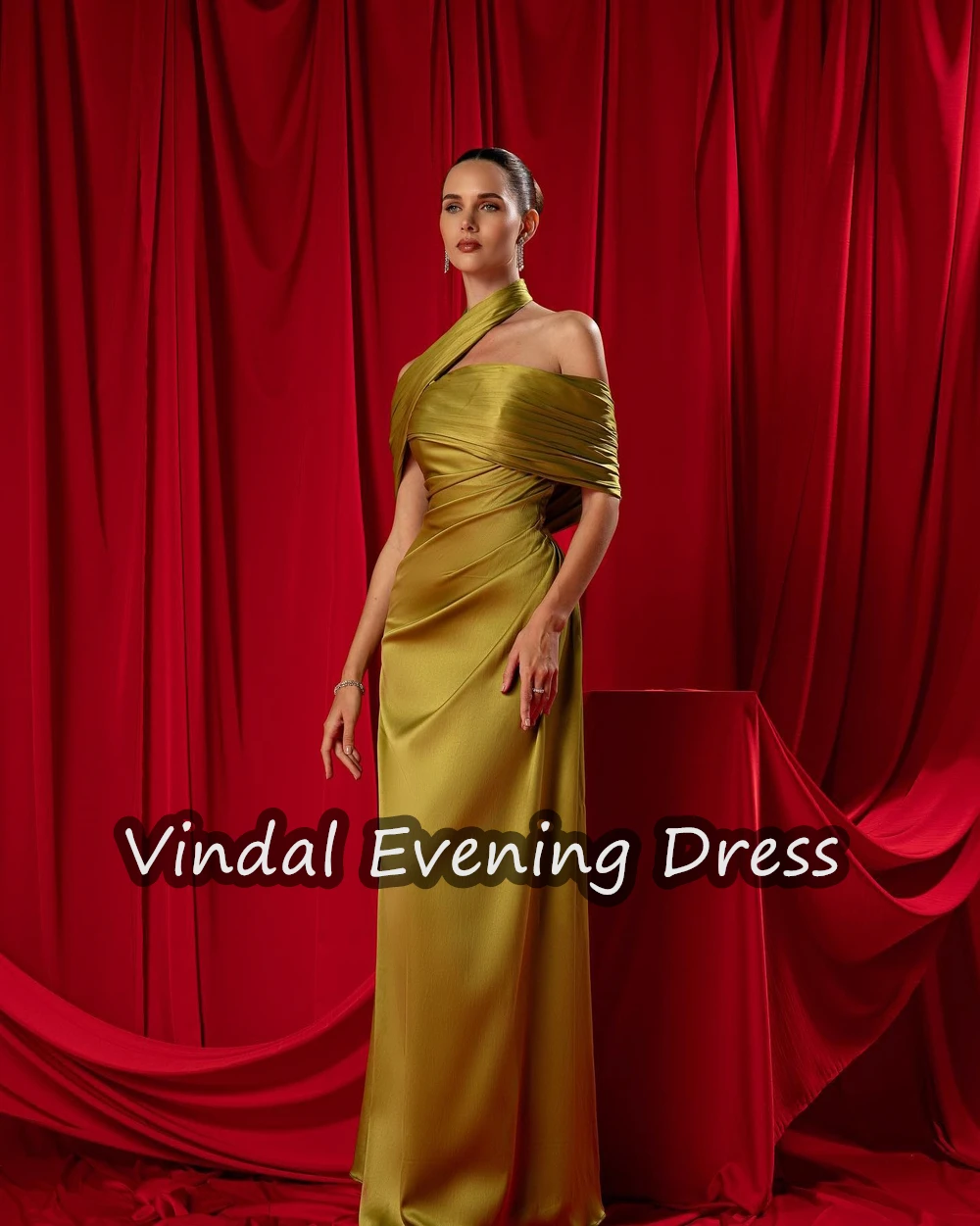 Vindal Halter Evening Dresses Ruffle Floor Length Satin Strapless Elegant Built-in Bra Saudi Arabia Short Sleeves For Woman 2024