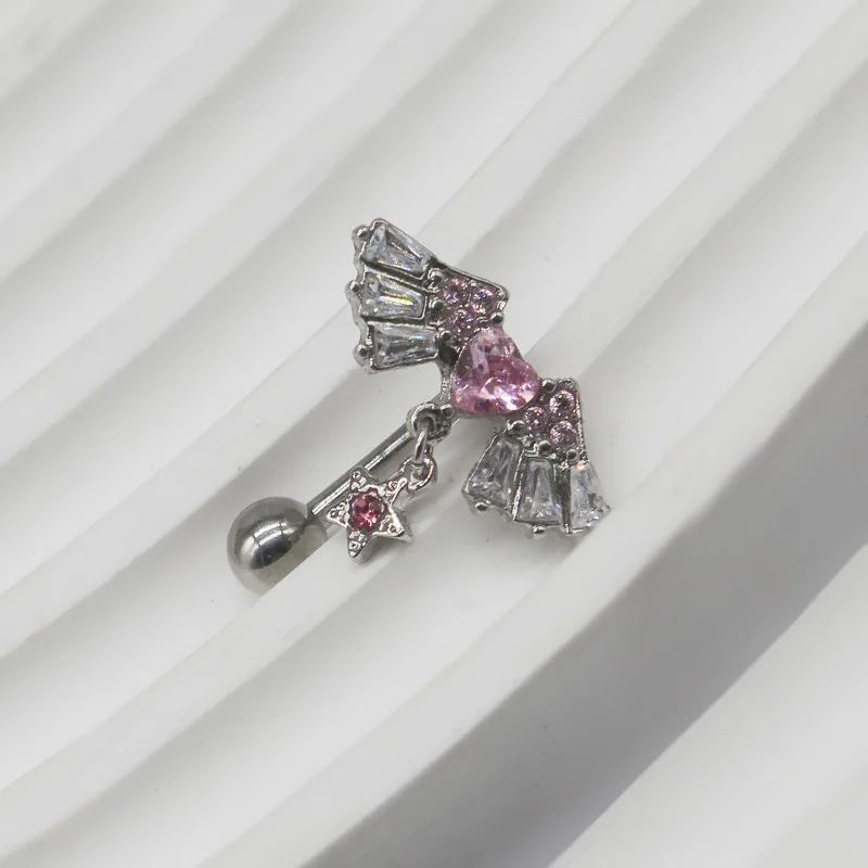 New Sweet Cool Girl Wings Heart Shaped Bellybutton Ring Chain Pink Black Brick Inlaid Navel Nail Exquisite Fashion Body Jewelry