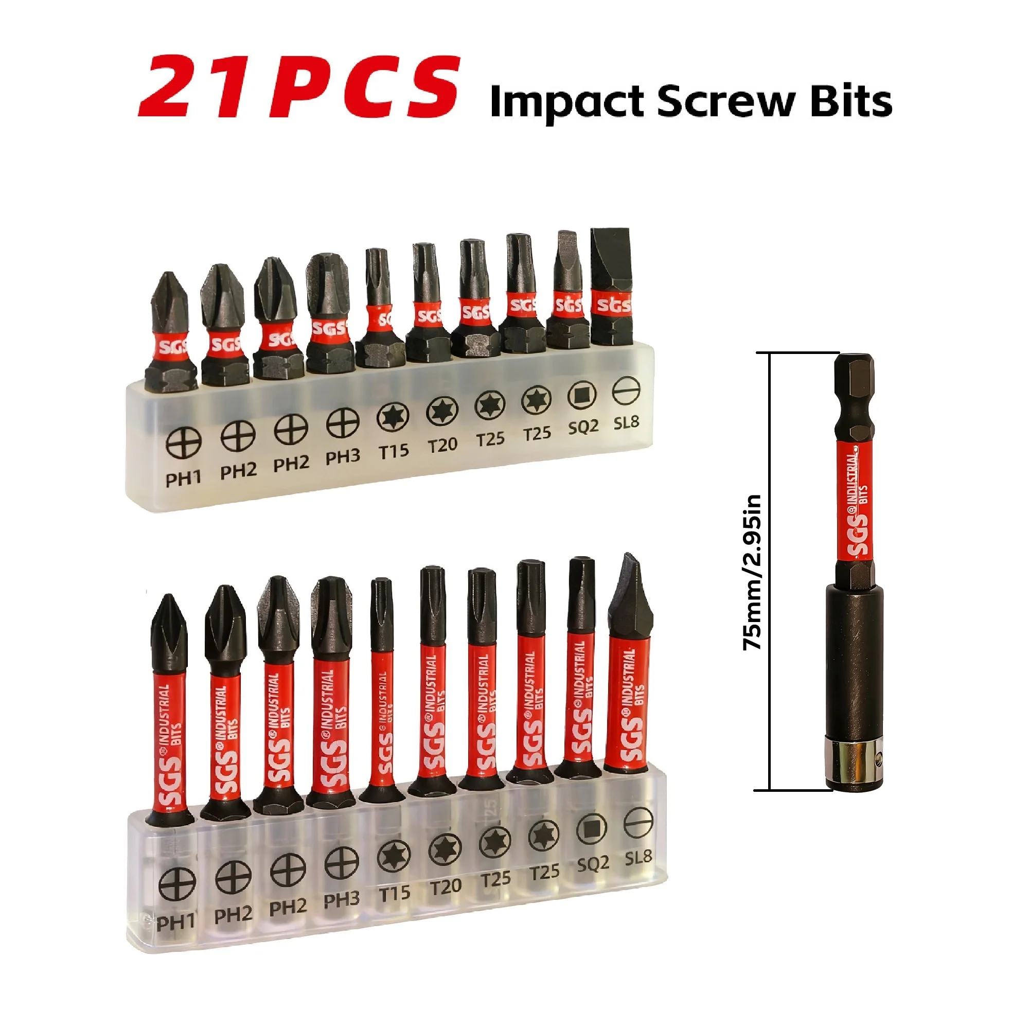 Conjunto de Pontas de Impacto SGS de 21 Peças (25/50mm) Phillips/Torx/Flathead/Quadrada, com Haste de Extensão Magnética de 75mm, Aço S2 de Alta Dureza, Perfeito para Ferramentas Elétricas, Marcenaria, Bricolagem Domés