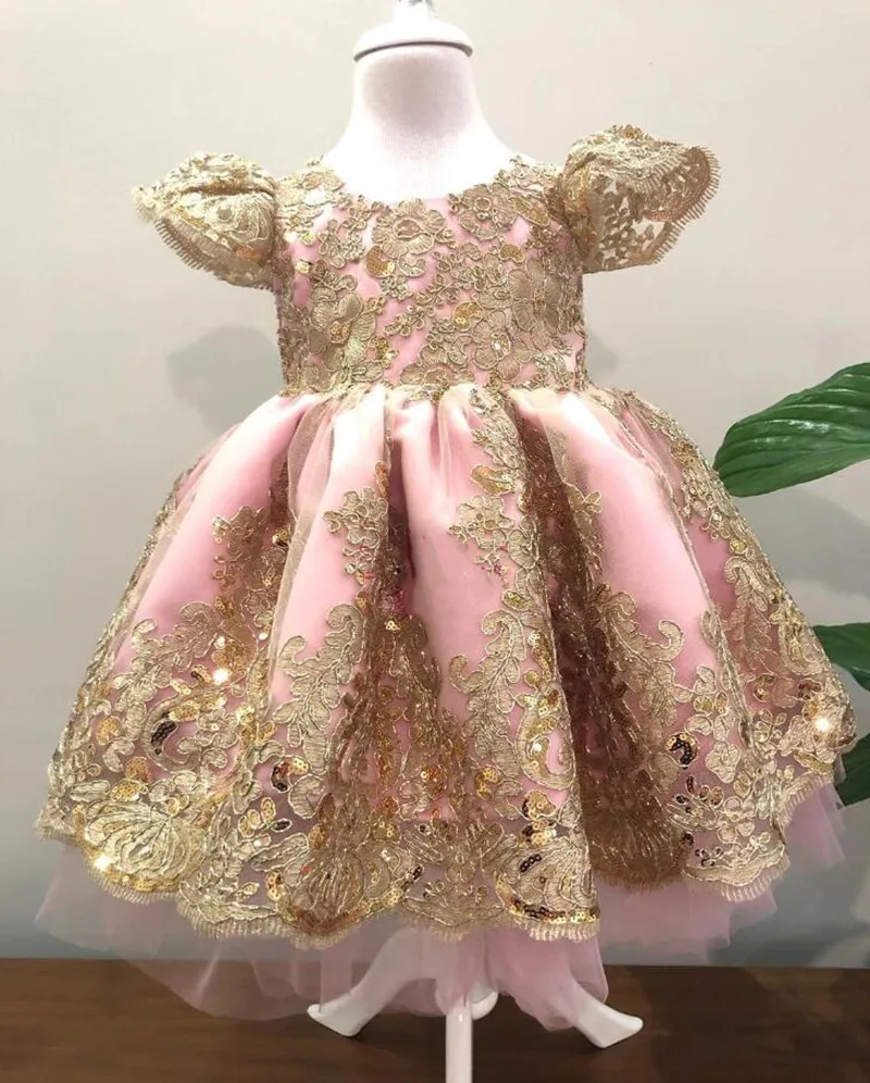 Pink Satin Flower Girl Dress For Wedding Gold Lace O-neck Tulle Puffy With Bow Kids Christmas Birthday Party Pageant Ball Gown