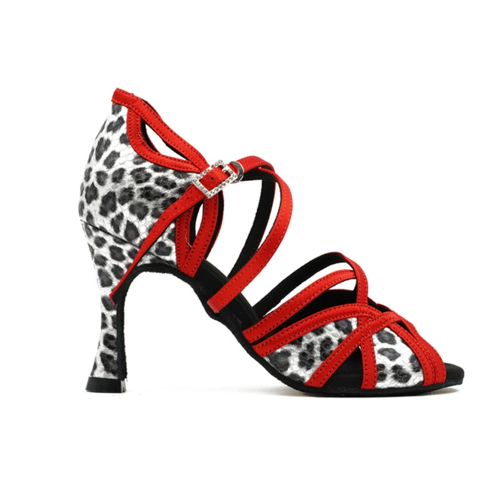 Zapatos de baile latino de leopardo rojo para mujer, zapatos de tacón alto para baile de salón, sandalias de baile suaves para fiesta/boda personalizadas