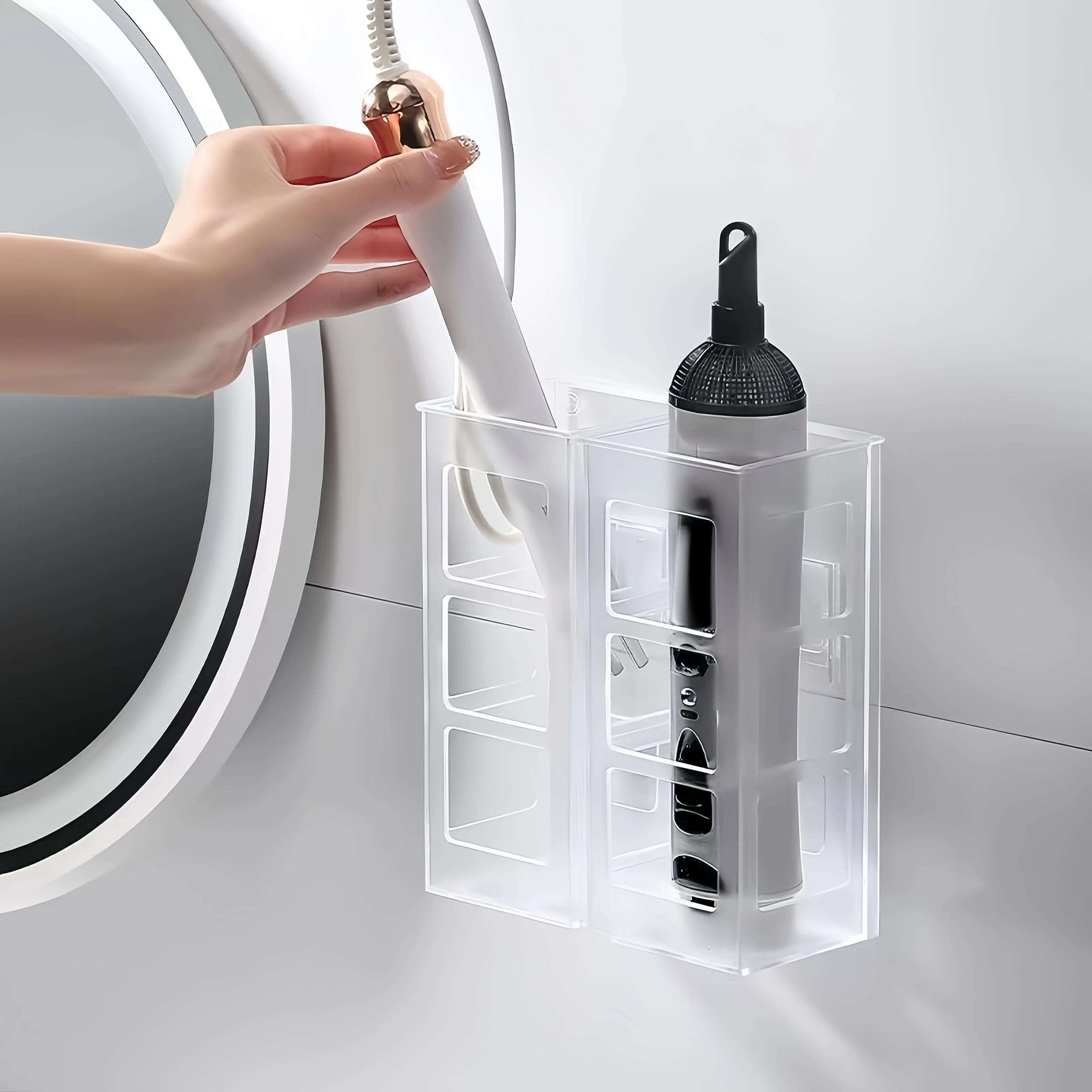 Hairdressing Punch-free Hair Dryer Wall mounted Holder Storage Box Hanging Rack Curling Iron Shelf Bathroom Organizer Storage