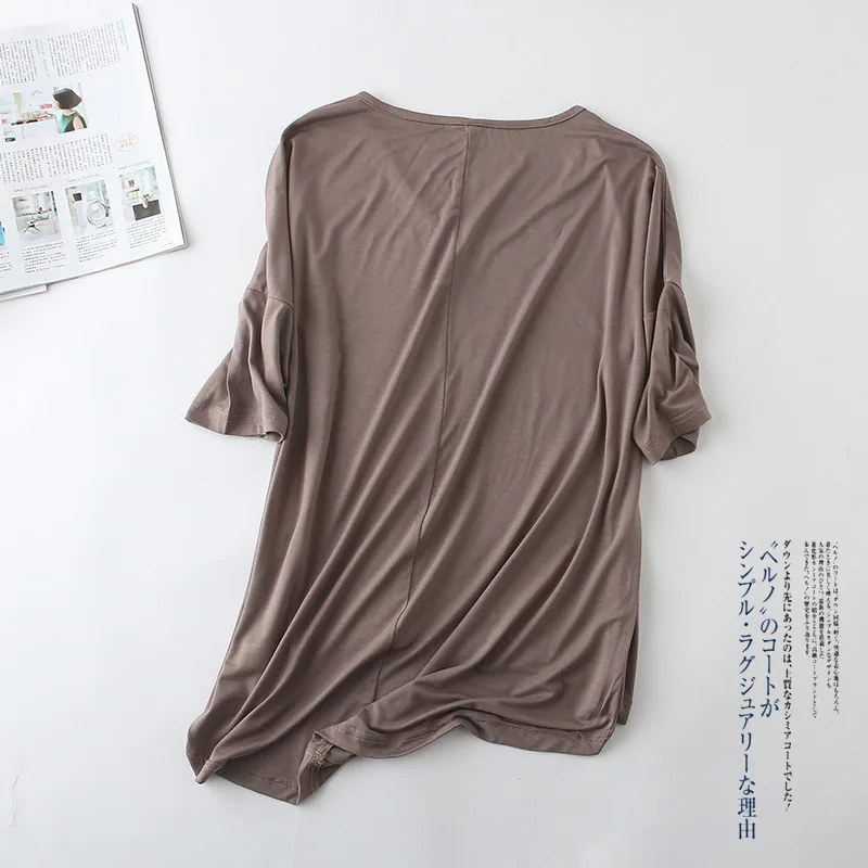 T shirts for Women Home Wear Summer loose Middle sleeve Shirt V-neck Top Plain White Modal Cotton Ladies Korean Style