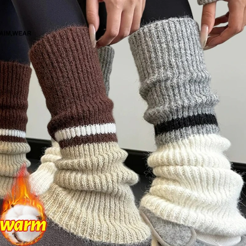 

Fashion Knitted Leg Warmers for Women Winter Patchwork Color Thicken Warm Sock Harajuku Middle Tube Stockings Stacked Leg Covers