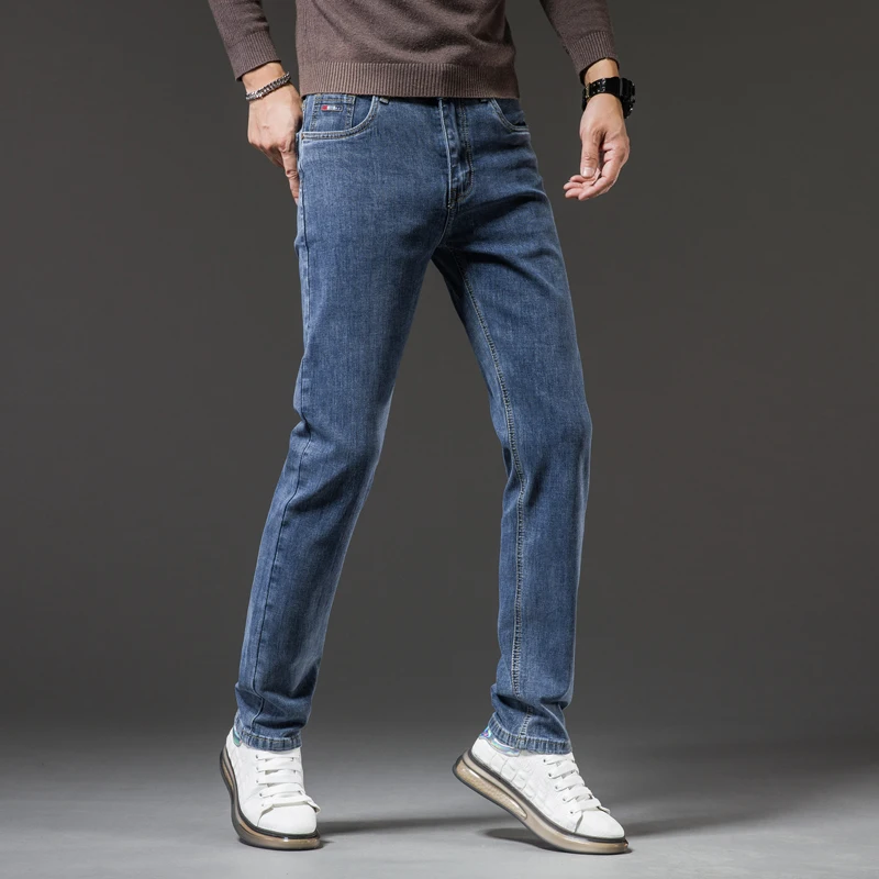 Korean Style Mens Slim Fit Stretch Jeans Elasticity Straight Leg Casual Daily Wear Versatile 2025 Spring Autumn Fall Denim Pants