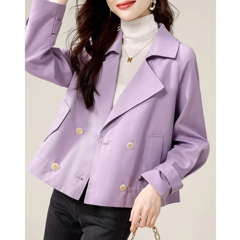 French Elegance 2024 Spring Autumn Fashion Taro Purple Solid Light and Thin Short Style Versatile Double breasted Windbreaker