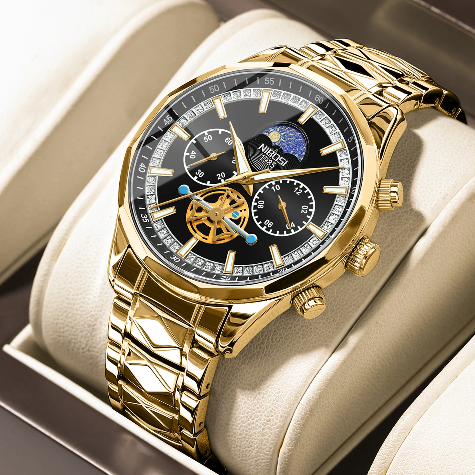 

NIBOSI Top Brand Luxury Mens Watches Stainless Steel Luminous Moon Phase Watch Casual Waterproof Sport Watches Relogio Masculino