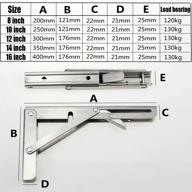 1 Pair 8-16 Inch Stainless Steel Foldable Wall Mounted Triangle Bracket Angle Bracket Bench Table Shelf Bracket Heavy Support