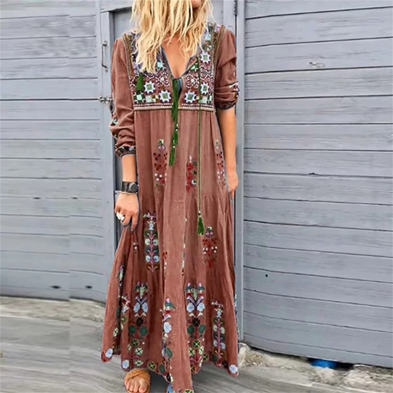 

Retro Ethnic Style Printed Dress Women's Spring Summer Casual Fashion V Neck Tie Long Dress Large Size Loose Long Sleeve Dress