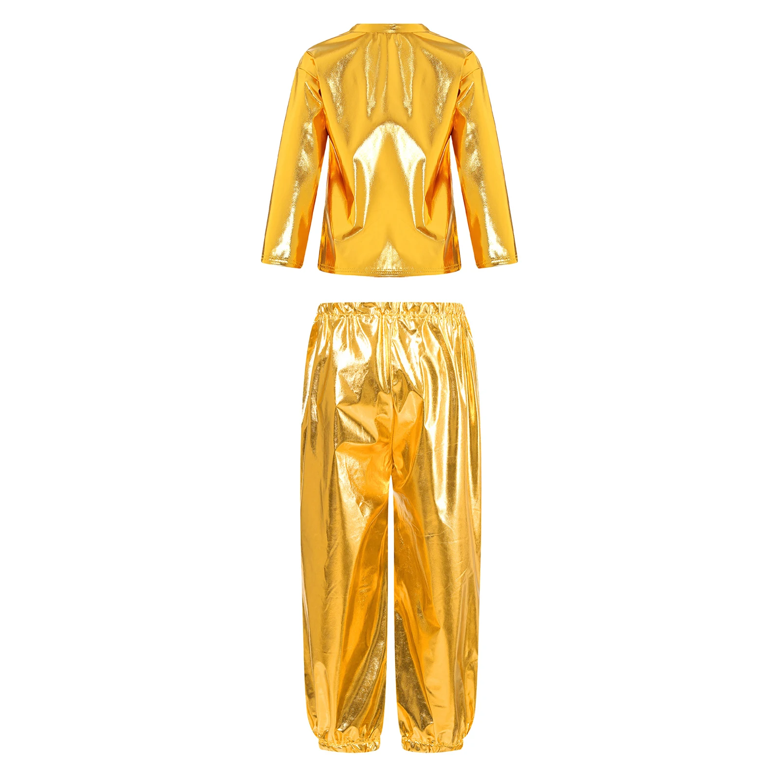 Kids Girls Street Hip Hop Jazz Dance Party Performance Outfit Metallic Shiny Long Sleeve Round Neck T-shirt with Pants Tracksuit
