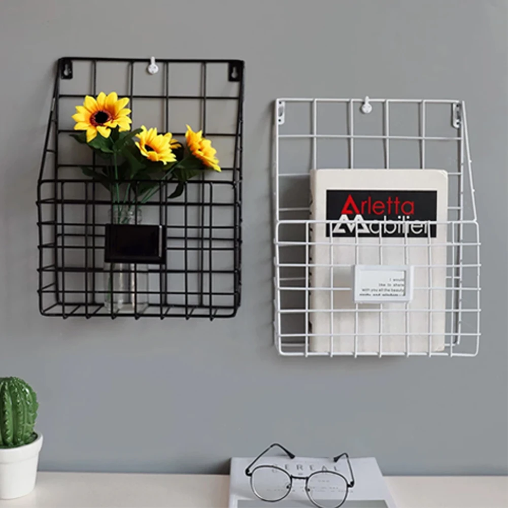 Simple Iron Grid Book Rack Wall-Mounted Lattice Hanging Rack Newspapers AndMagazines File Storage Basket Office Home Furnishings