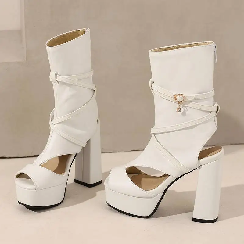 REAVE CAT Design Shoes Lady Summer Boots Peep Toe Cross Strap Ultrahigh Heel 12.5cm Platform 4.5cm Fashion 49 50 Big Size