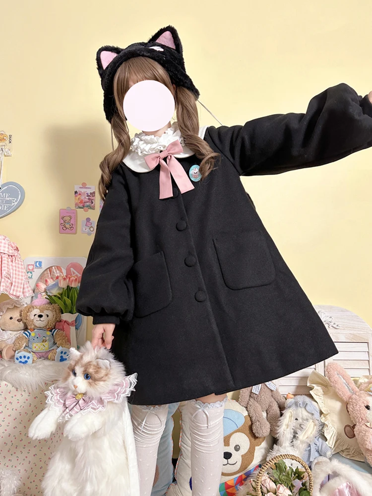 KIMOKOKM Japanese Preppy Winter Sweet Peter Pan Collar Coat Kawaii Bow Full Sleeve Single-Breasted Loli A-Line Woolen Outerweat