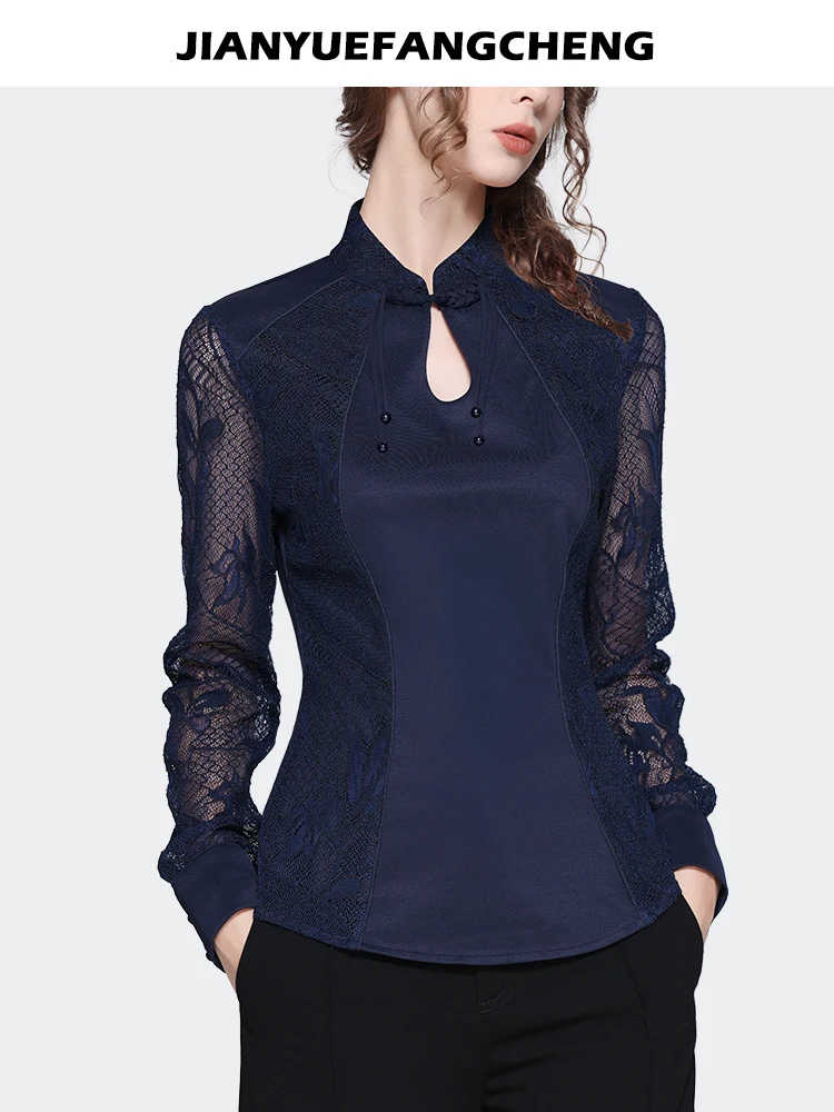 Vintage Chinese Style Satin Lace Blouse Women 2023 Autumn New Long Sleeve Stand Collar Top Hook Flower Hollow Elegant Slim Shirt